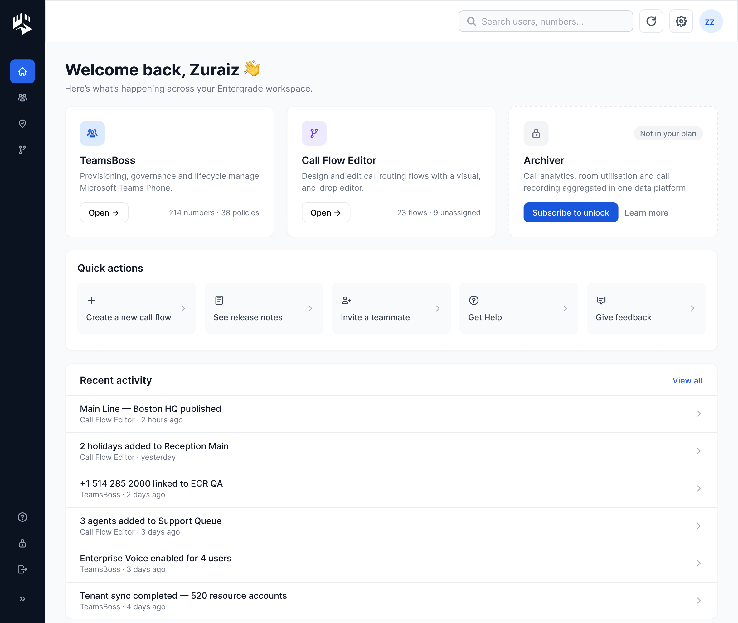 Entergrade dashboard for Microsoft Teams Phone management and administration