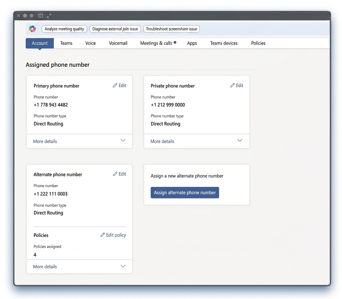 Account details in Microsoft Teams Admin Center : Sample User account page with multiple lines.